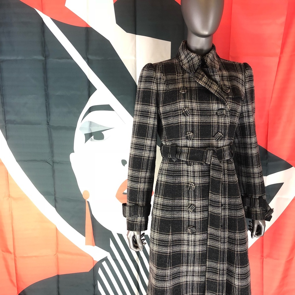 Juicy Couture Plaid Trench Coat Size 8 Black Gray